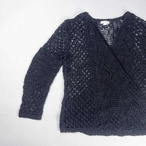 Y2K Women's Black Crochet Wrap Sweater Cardigan, See Through Knit - Picture 4 of 8